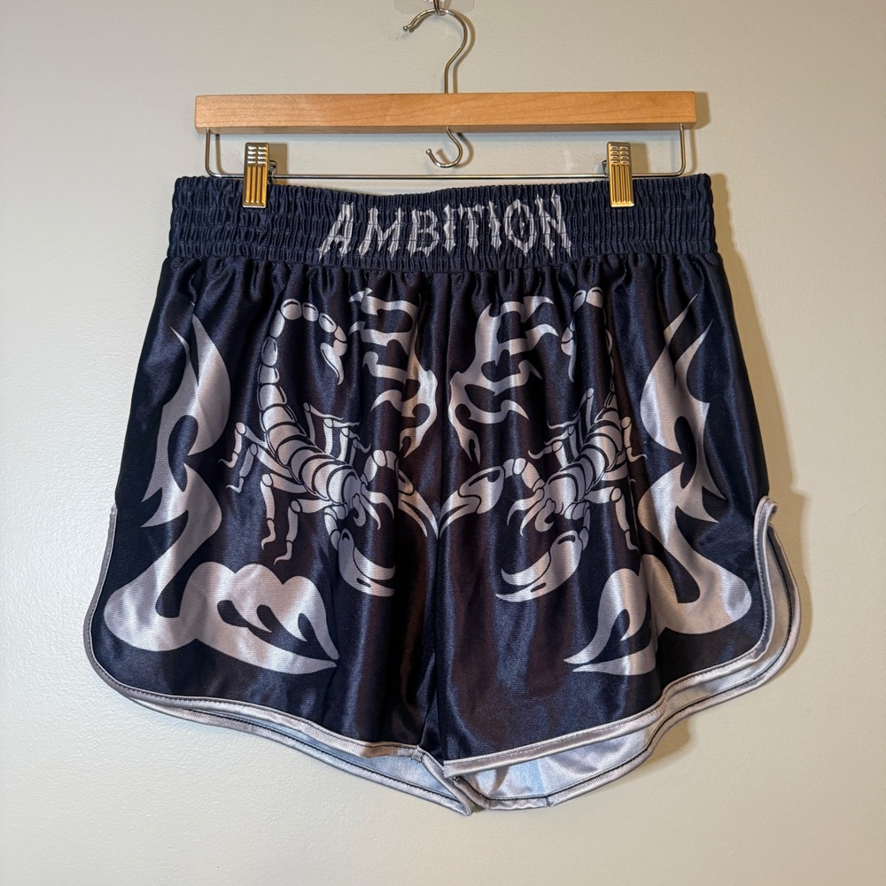 ROMWE Ambition Scorpion Tribal Graphic Satin Shorts Black Silver Mens Large
